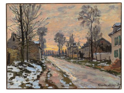 Vej til Louveciennes, smeltende sne, solnedgang, ca. 1869-70 af Claude Monet