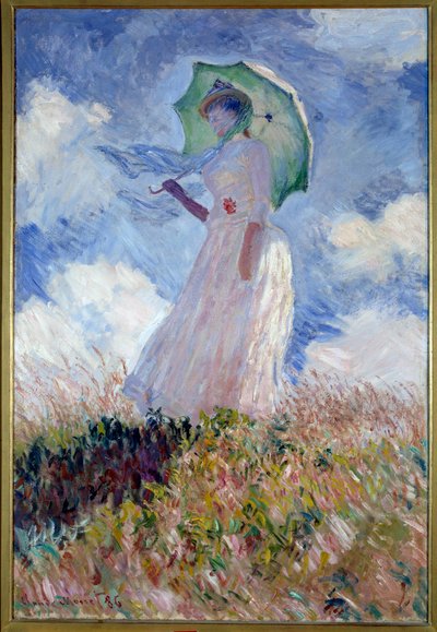 Kvinde med parasol drejet til venstre af Claude Monet