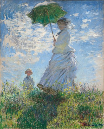 Kvinde med en parasol - Madame Monet og hendes søn af Claude Monet