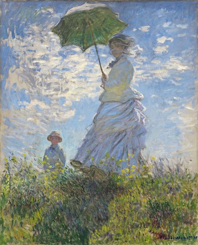 Kvinde med parasol - Madame Monet og hendes søn af Claude Monet