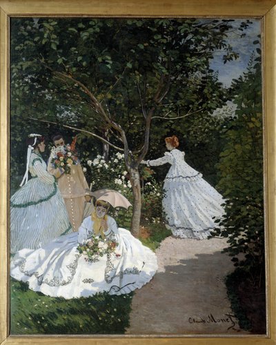 Kvinder i haven en by i Avray Gruppe af unge kvinder i en blomsterhave. Maleri af Claude Monet (1840-1926). 1867. Dim. 2,55 x 2,05 m. Paris, Musee d