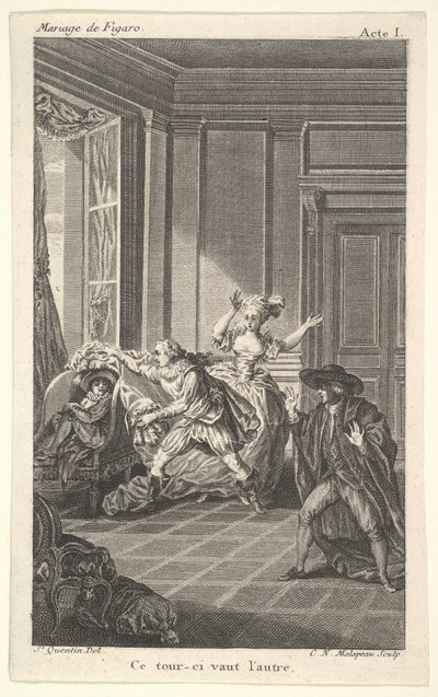En mand krøllet sammen i en stol ser mod en anden mand, der nærmer sig ham fra venstre i..., ca. 1784. af Claude Nicolas Malapeau