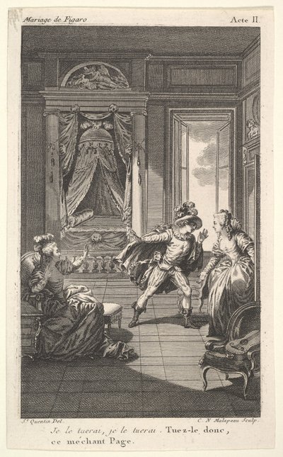 En mand læner sig mod en kvinde, der står i en døråbning til højre, til venstre en siddende kvinde rejser..., ca. 1784. af Claude Nicolas Malapeau