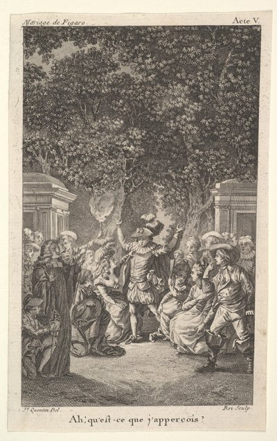 En ung dreng holder en fakkel under træer i en have, i midten løfter en mand begge arme, s..., ca. 1784. af Claude Nicolas Malapeau