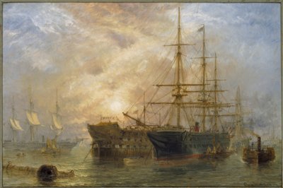 Hendes Majestæts troppeskibe modtager butikker i Portsmouth Ha af Claude T. Stanfield Moore