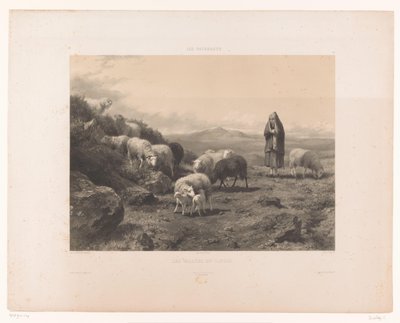 Hyrdinde med får på Cantal-sletten Les Vallées du Cantal (titel på objekt) Græsgange (serietitel) Les paturages (serietitel på objekt) af Claude Thielley