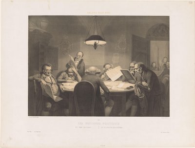 Læser mænd omkring et bord Les profonds politiques / De dybe politikere / Die vollendeten Staatsmanner (titel på objekt) Humoristiske optrædener (serietitel) Gallery pour rire (serietitel på objekt) af Claude Thielley
