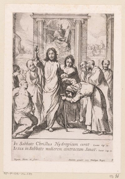 Helbredelse af den lamme mand og den skæve kvinde på sabbatten Miracula Domini Nostri Jesu Christi (serietitel) Kristi mirakler (serietitel) af Claude Vignon