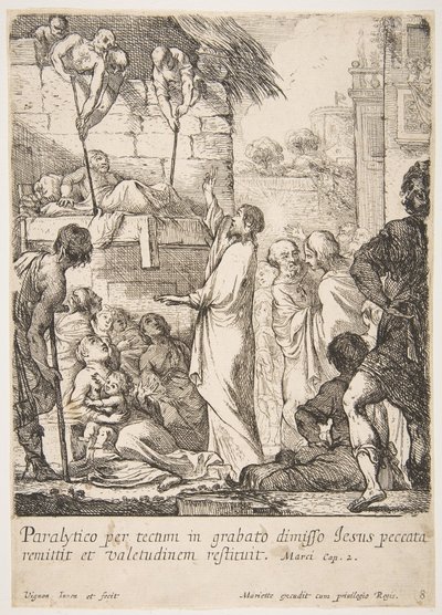 Helbredelse af lamme Jesus Kristus beviser ved at helbrede en lamme, at han har magten til at... af Claude Vignon