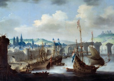 Udsigt over byen Rouen Skibene ligger fortøjet på bredden af Seinen. Maleri af Claude de Jongh af Claude de Jongh