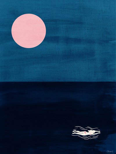 Midnight Swim Pink Moon – abstrakt kunsttryk med havmotiv af Claudia Spano'