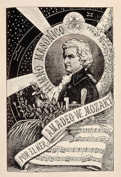 Repræsentation af den østrigske komponist Wolfgang Amadeus Mozart (1756-1791), et frimurermedlem tilknyttet Encyclopedic Dictionary of Freemasonry, slutningen af det 19. - begyndelsen af det 20. århundrede (gravering) af Claudio Castelucho
