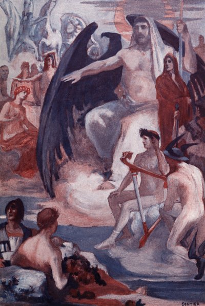 Jupiters forsvar for at redde trojanerne eller grækerne. Illustration af Clement Gontier (1876-1918) til Homeres "Iliaden" (Omero). Paris, Henri Laurens af Clement Gontier