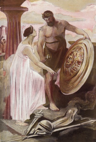 Achilleus-skjoldet skabt af Vulcan. Illustration af Clement Gontier (1876-1918) til Homeres "Iliaden" (Omero). Paris, Henri Laurens af Clement Gontier