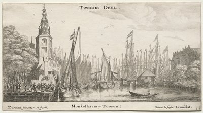 Forskellige skibe og udsigter over Amsterdam (Verscheÿde Schepen en Gesichten van Amstelredam), del II: Kanal nær Amsterdam og Monkeltårnet af Clement de Jonghe