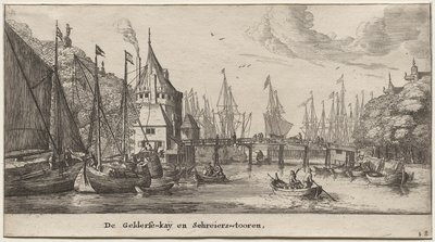 Forskellige skibe og udsigter over Amsterdam (Verscheÿde Schepen en Gesichten van Amstelredam), del II: Geldersche Quai og Schreiers Tower af Clement de Jonghe
