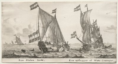 Forskellige skibe og udsigter over Amsterdam (Verscheÿde Schepen en Gesichten van Amstelredam), del II: Dutch Admiralty Yacht. Et Vagtskib af Clement de Jonghe