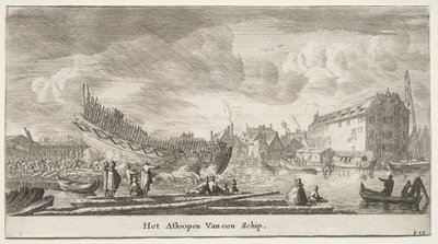 Forskellige skibe og udsigter over Amsterdam (Verscheÿde Schepen en Gesichten van Amstelredam), del II: Søsætning af et skib af Clement de Jonghe