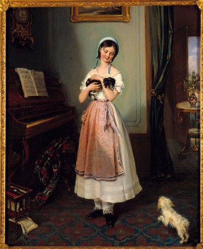 En ung pige i et borgerligt interiør med to hunde. Maleri af Clementine de Bar (1807-1856) Paris fra det 19. århundrede, Galerie Garoche af Clementine de Bar