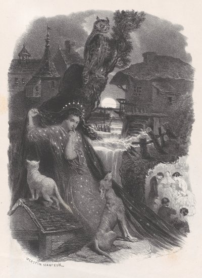 Nat, vignet af pige i 1700-talsdragt, der plukker roser på verso, ca. 1830-65. af Célestin Nanteuil