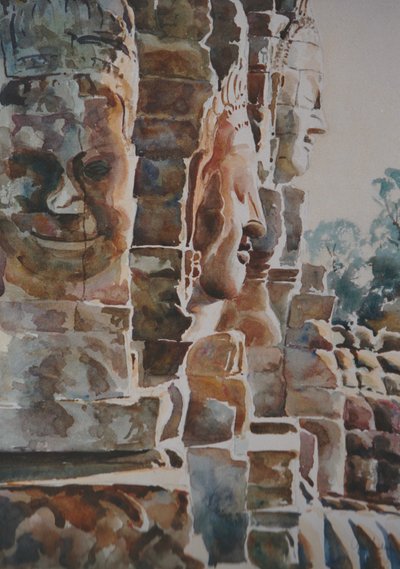 Bayon: Tidlig morgen - Ligevægt og kærlig venlighed (vest og syd), 2000 (akvarel) af Clive Wilson