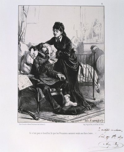 Fransk-preussisk krig 1870-1871: En såret soldat bliver plejet og næret. Fra en serie litografier af Clement August Andrieux om Gardes Nationales. af Clément Auguste Andrieux
