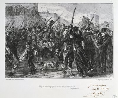 Den fransk-preussiske krig 1870-1871: Slaget ved Buzenval (Valerien-bjerget) nær Versailles 19. januar 1871. Garde National marcherer til slaget og nederlaget. Fra en serie litografier af Clement August Andrieux om Gardes Nationales. af Clément Auguste Andrieux