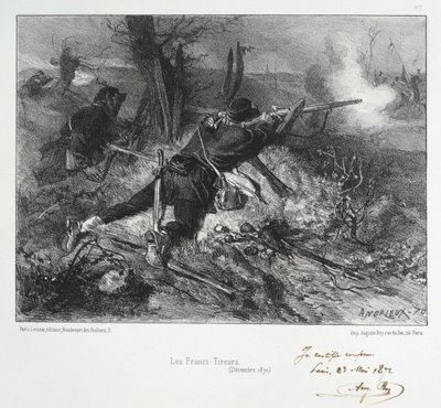 Fransk-preussisk krig 1870-1871: Franske riffelskytter. Fra en serie litografier af Clement August Andrieux om Gardes Nationales. af Clément Auguste Andrieux
