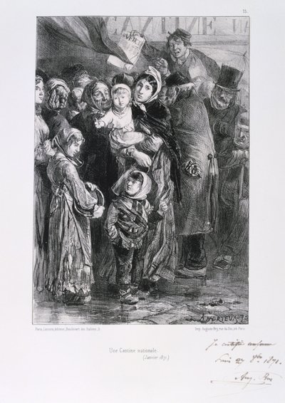 Fransk-preussisk krig 1870-1871. Belejring af Paris 19. sept. 1870-28. jan. 1871. Et nationalt suppekøkken i Paris, januar 1871. Fra en serie litografier af Clement August Andrieux om Gardes Nationales. Fødevaremangel Sult af Clément Auguste Andrieux
