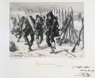 Den fransk-preussiske krig 1870-1871. Belejringen af Paris 19. september 1870-28. januar 1871. Soldater på voldene hopper rundt for at holde varmen. Fra en serie af litografier af Clement August Andrieux på Gardes Nationales. af Clément Auguste Andrieux