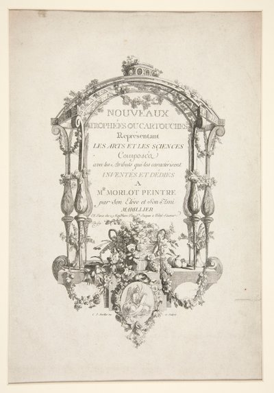 Titelside fra nye trofæer eller kartoucher, der repræsenterer kunst og videnskab af Clément Pierre Marillier