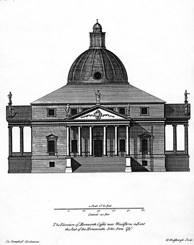 Forhøjning af Mereworth Castle, indgraveret af H. Hulsbergh, c.1722-24 af Colen Campbell