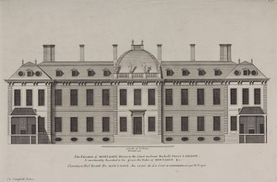 Forhøjning af Montague House mod retten i Great Russell Street, Holborn, ca. 1725 (stik) af Colen Campbell