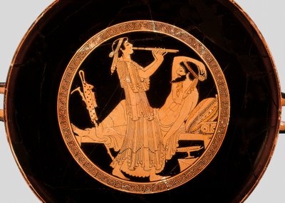Banket- og dobbeltfløjtespiller, detalje fra kylix eller Attic rødfigur kop, ca. 490 f.Kr. (terracotta) af Colmar Painter