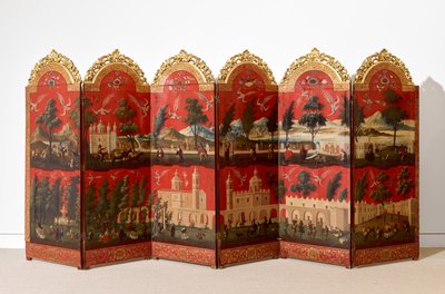 Biombo with Views of Mexico City (olie på rød maki-e-lak på panel, med forgyldt træmontering og linnedbagside) af Colonial Spanish