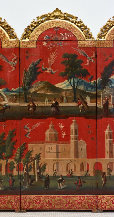 Biombo with Views of Mexico City (olie på rød maki-e-lak på panel, med forgyldt træmontering og linnedbagside) af Colonial Spanish