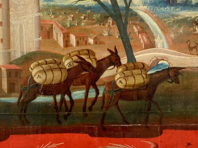 Biombo with Views of Mexico City (olie på rød maki-e-lak på panel, med forgyldt træmontering og linnedbagside) af Colonial Spanish