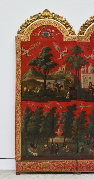 Biombo with Views of Mexico City (olie på rød maki-e-lak på panel, med forgyldt træmontering og linnedbagside) af Colonial Spanish