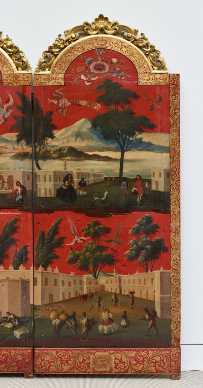 Biombo with Views of Mexico City (olie på rød maki-e-lak på panel, med forgyldt træmontering og linnedbagside) af Colonial Spanish
