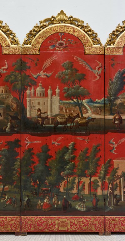 Biombo with Views of Mexico City (olie på rød maki-e-lak på panel, med forgyldt træmontering og linnedbagside) af Colonial Spanish