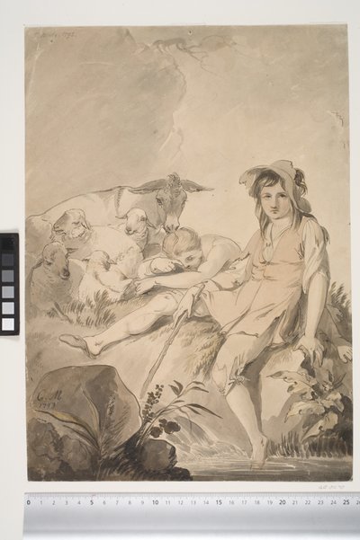 Pastoral scene med to børn og dyr af Conrad Martin Metz