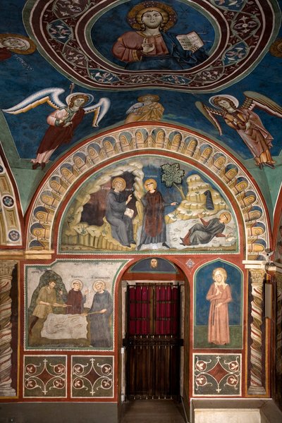 Forskellige episoder af Saint Benoits liv: i centrum "The miracle of Saint Placide"" Saint Benoit of Nursie redder, takket være Saint Maurs første discipels indgriben, den unge Placide fanget i en søstrøm. Nedenfor er miraklet af Consolo
