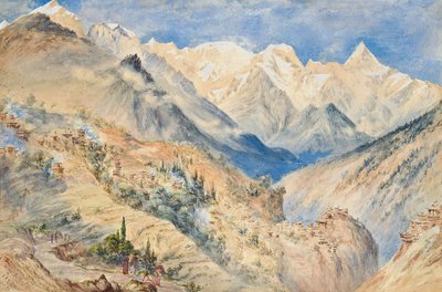 Khylas Peaks og landsbyen Pangi tre miles over CHINE på Sutledge af Constance Frederica Gordon-Cumming
