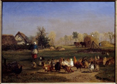 La provende des gens La basse cour (Basse-cour). Maleri af Constant Troyon (1810-1865) 1800-tallet søn. 0,51 x 0,7 m - Forædleren af høns. Gårdsgården. Maleri af Constant Troyon (1810-1865) af Constant Emile Troyon