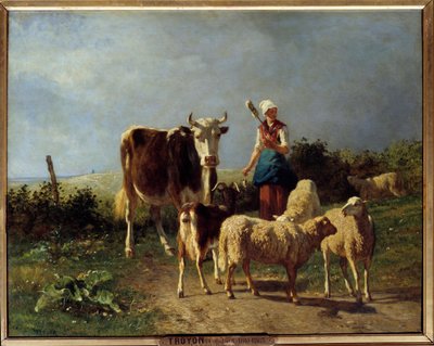 En hyrde med en ko og får. Maleri af Constant Troyon (1810-1865) 1800-tallet søn. 0,73x0,92 m af Constant Emile Troyon