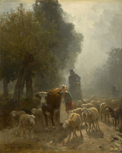 Går på marked på en tåget morgen, 1851 af Constant Emile Troyon