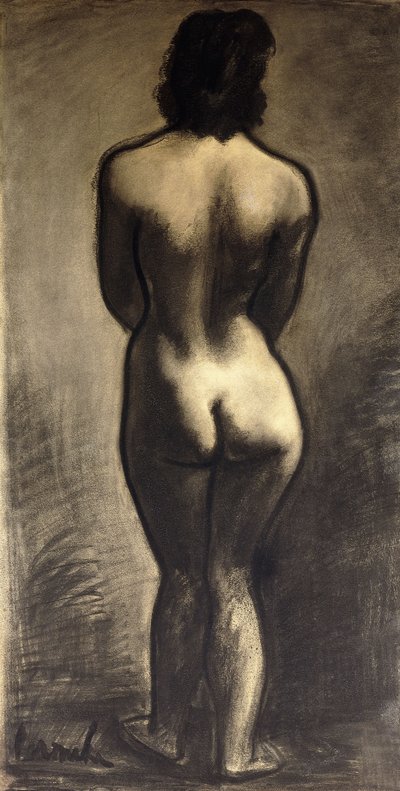 Stående nøgen; Nu Debout - Stand Naakt, ca. 1930 (sort kridt og sort vask på papir) af Constant Permeke