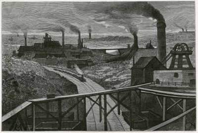 Kulminedrift og terrils (aspekter af contree boraine). Gravering af Constant Meunier, for at illustrere historien "" Belgien" ", af Camille Lemonnier (1844-1913) belgisk forfatter. Udgivet i Le Tour du monde, nouveau journal des voyages, 2. semester 1884,  af Constantin Emile Meunier