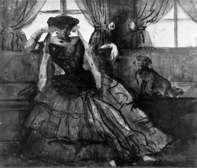 En dame med sin hund, 1800-tallet, 1930. af Constantin Guys