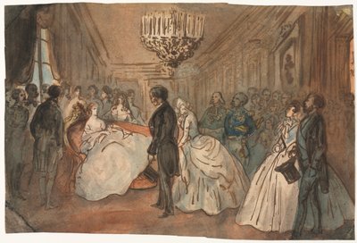 Kejserinde Eugenie modtager det diplomatiske korps efter kejserprinsens fødsel, 1800-tallet. af Constantin Guys